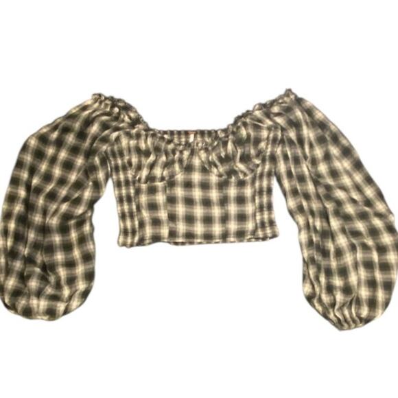 Free People Smocked Plaid Puff Sleeve Off Shoulder Crop Top Size Small - Picture 1 of 3